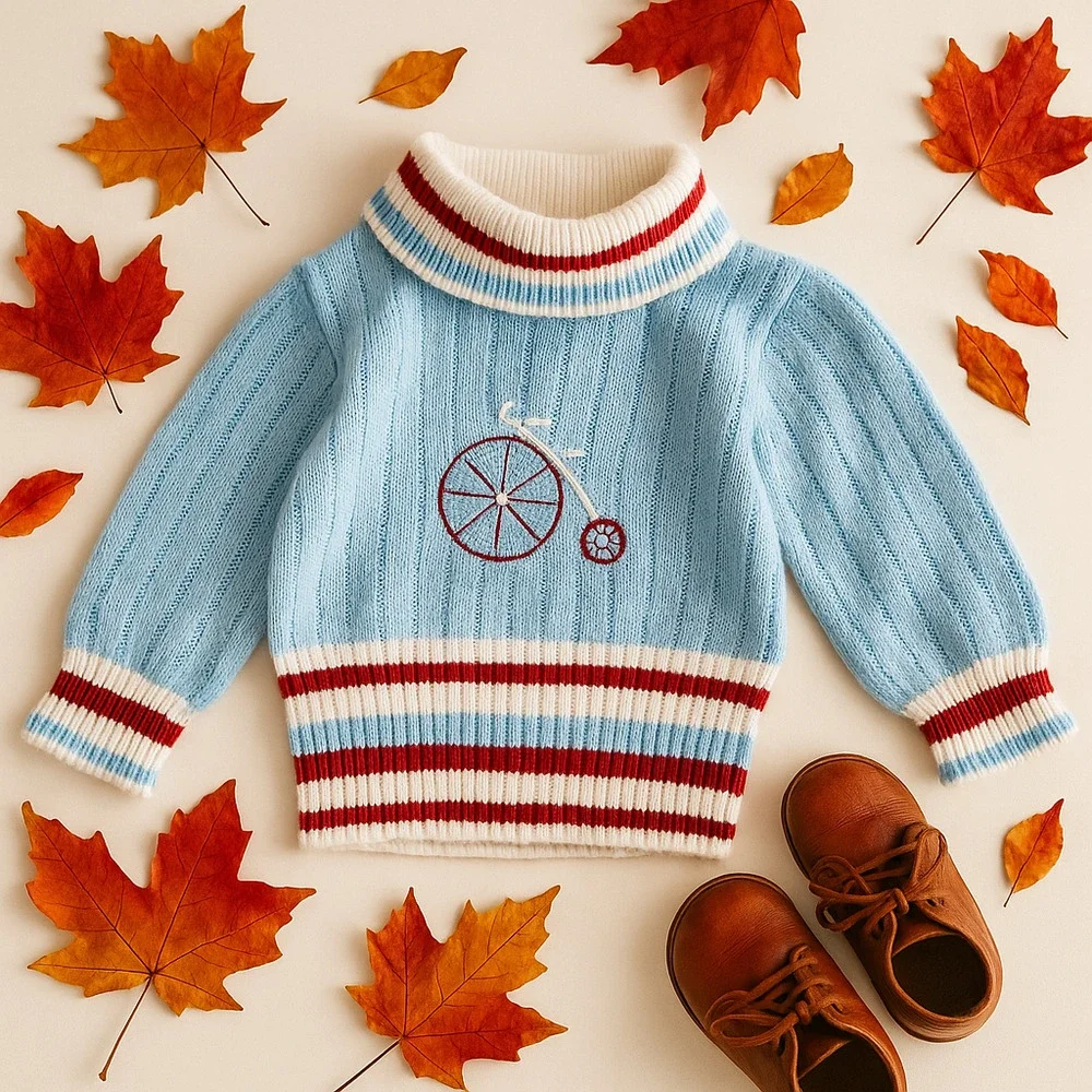 Vintage 1960s Doe Spun Toddler Sweater Blue w/ Penny Farthing Embroidery Size 2T